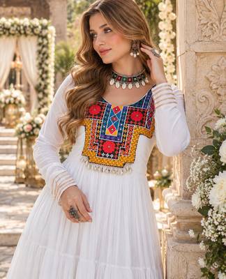 White rayon readymade navratri anarkali suit with kutchi thread work 2