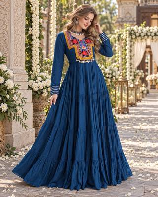 Teal rayon readymade navratri anarkali suit with kutchi thread work 1