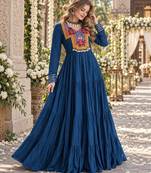 Teal rayon readymade navratri anarkali suit with kutchi thread work
