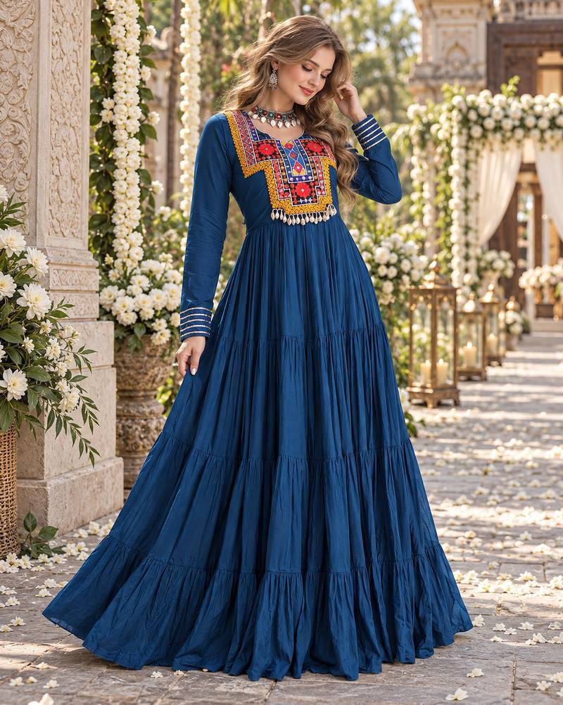 Teal rayon readymade navratri anarkali suit with kutchi thread work
