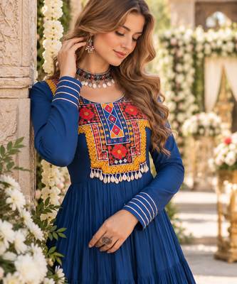 Teal rayon readymade navratri anarkali suit with kutchi thread work 2