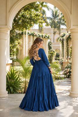 Teal rayon readymade navratri anarkali suit with kutchi thread work 3