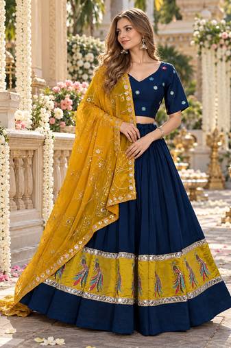 Navy Silk Blend Readymade Navratri Lehenga Choli with Embroidery & Mirror Work