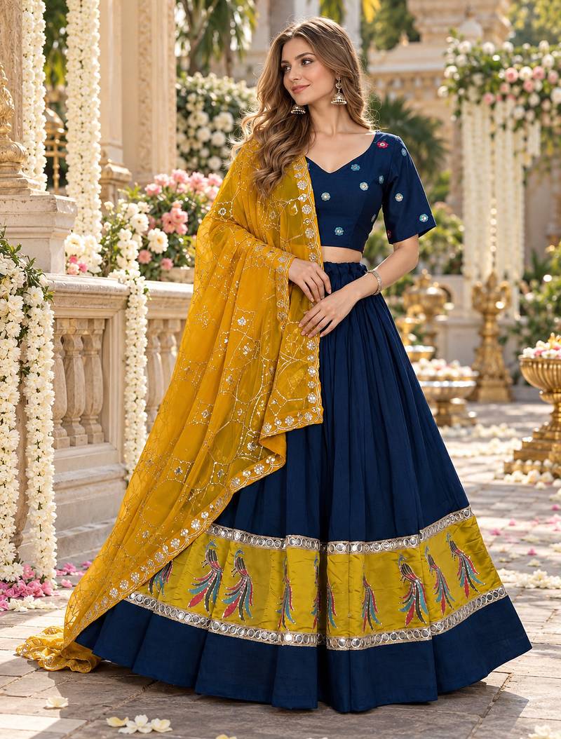 Navy Silk Blend Readymade Navratri Lehenga Choli with Embroidery & Mirror Work