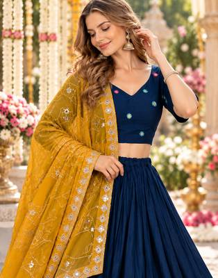 Navy Silk Blend Readymade Navratri Lehenga Choli with Embroidery & Mirror Work 2