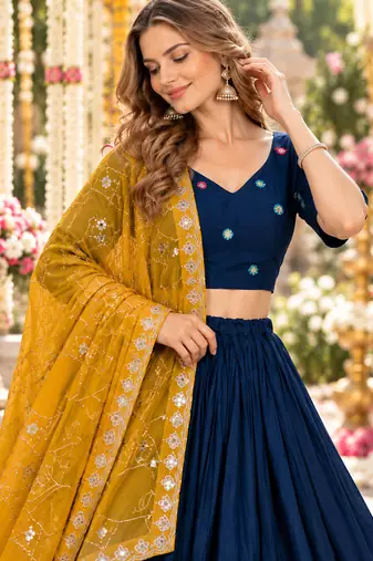 Navy Silk Blend Readymade Navratri Lehenga Choli with Embroidery & Mirror Work