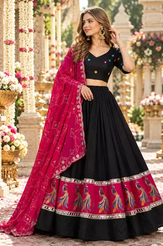 Black Silk Blend Readymade Navratri Lehenga Choli with Embroidery & Mirror Work