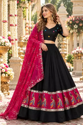 Black Silk Blend Readymade Navratri Lehenga Choli with Embroidery & Mirror Work