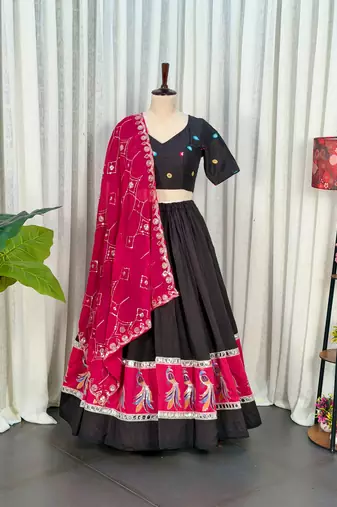 Black Silk Blend Readymade Navratri Lehenga Choli with Embroidery & Mirror Work