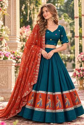 Teal Silk Blend Readymade Navratri Lehenga Choli with Embroidery & Mirror Work 1