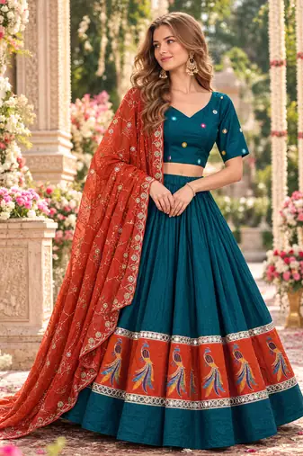 Teal Silk Blend Readymade Navratri Lehenga Choli with Embroidery & Mirror Work