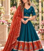 Teal Silk Blend Readymade Navratri Lehenga Choli with Embroidery & Mirror Work