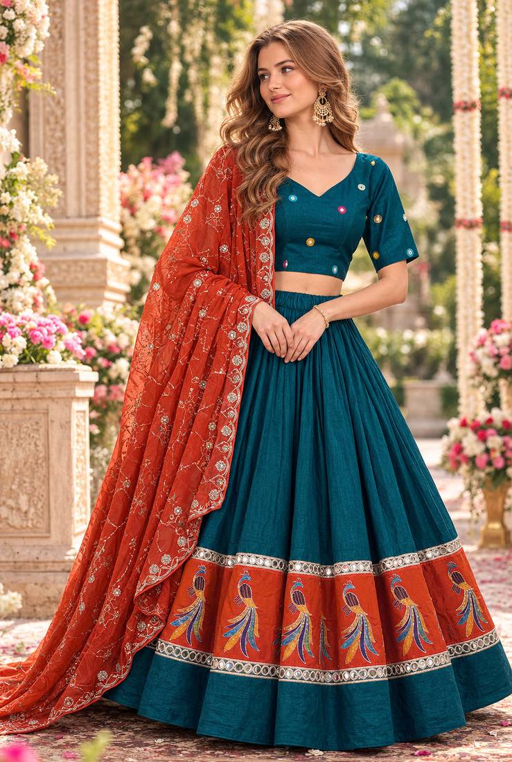 Teal Silk Blend Readymade Navratri Lehenga Choli with Embroidery & Mirror Work