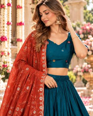 Teal Silk Blend Readymade Navratri Lehenga Choli with Embroidery & Mirror Work 2