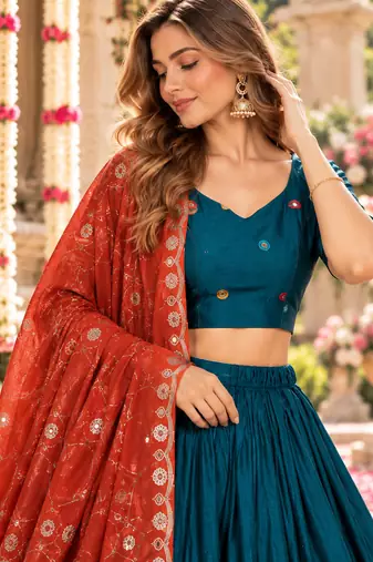 Teal Silk Blend Readymade Navratri Lehenga Choli with Embroidery & Mirror Work