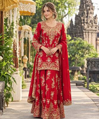 Red georgette readymade suit with embroidery & sequence work 1