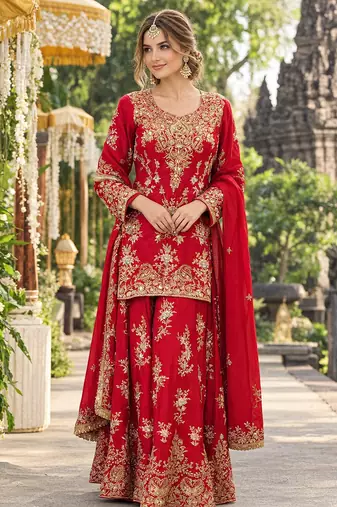 Red georgette readymade suit with embroidery & sequence work