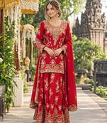 Red georgette readymade suit with embroidery & sequence work