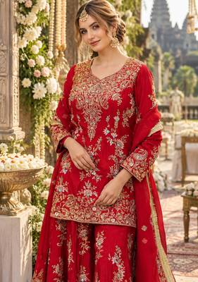Red georgette readymade suit with embroidery & sequence work 2