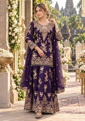Violet georgette readymade suit with embroidery & sequence work 1