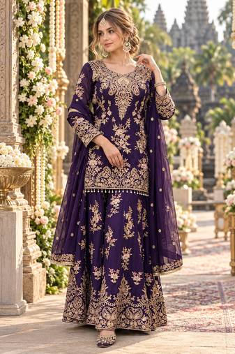 Violet georgette readymade suit with embroidery & sequence work