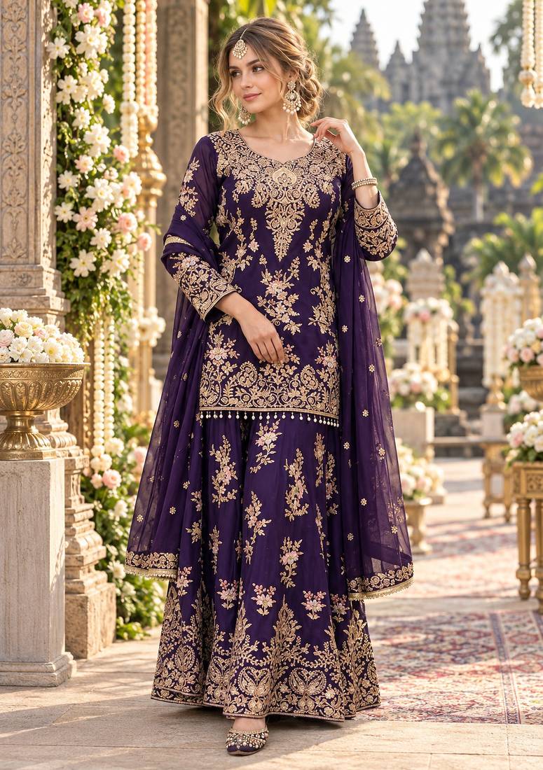 Violet georgette readymade suit with embroidery & sequence work