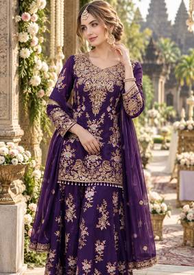 Violet georgette readymade suit with embroidery & sequence work 2