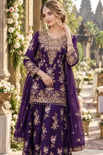 Violet georgette readymade suit with embroidery & sequence work