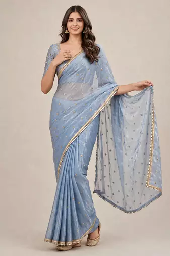 Premium fandy satin embroidered designer saree with mirror lace