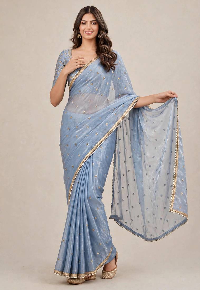 Premium fandy satin embroidered designer saree with mirror lace