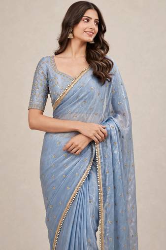 Premium fandy satin embroidered designer saree with mirror lace