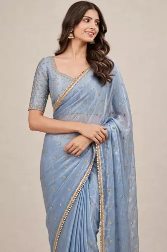 Premium fandy satin embroidered designer saree with mirror lace