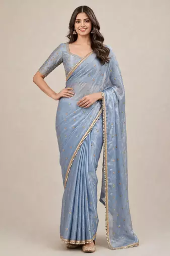 Premium fandy satin embroidered designer saree with mirror lace