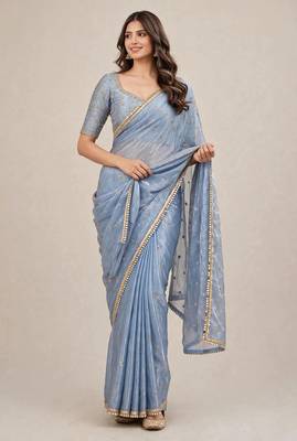 Premium fandy satin embroidered designer saree with mirror lace 4