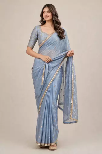 Premium fandy satin embroidered designer saree with mirror lace