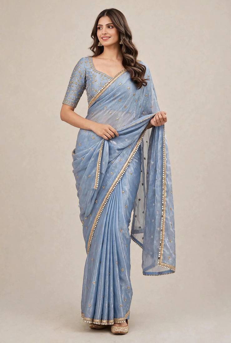 Premium fandy satin embroidered designer saree with mirror lace