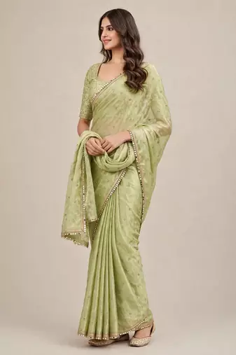 Designer fancy saree with floral embroidery and mirror lace
