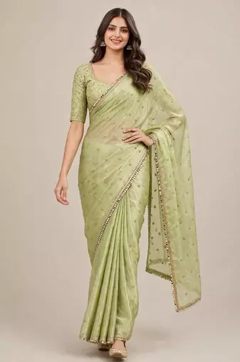 Designer fancy saree with floral embroidery and mirror lace