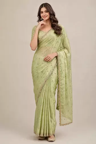 Designer fancy saree with floral embroidery and mirror lace