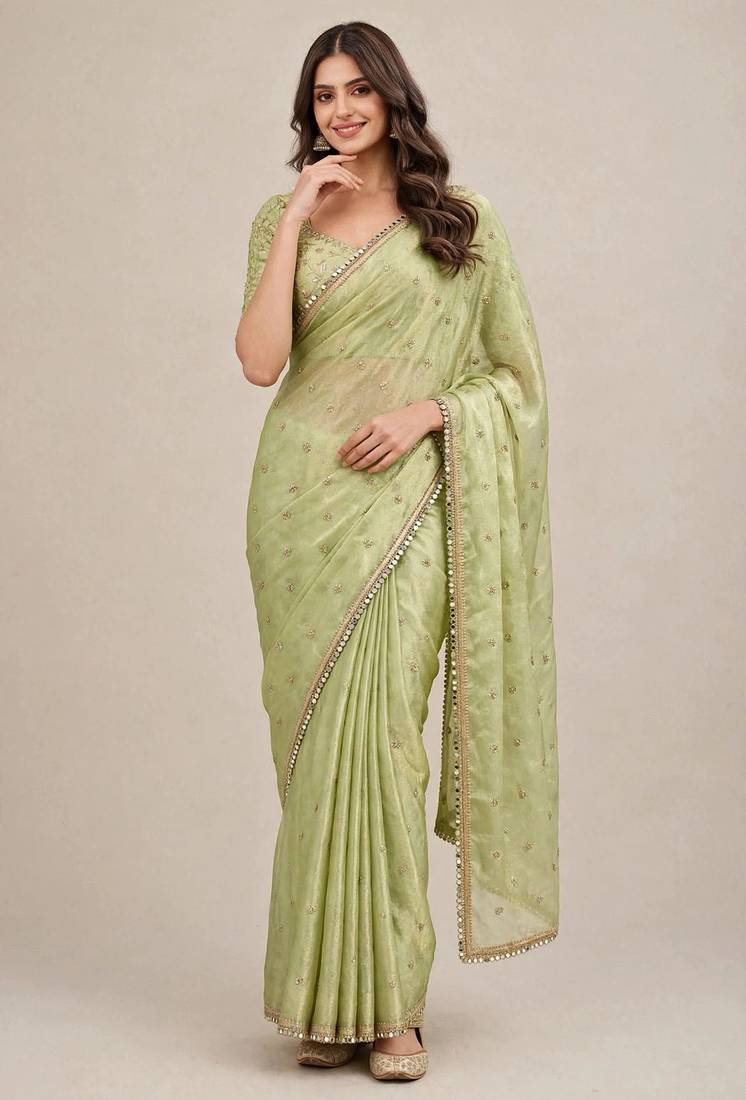 Designer fancy saree with floral embroidery and mirror lace