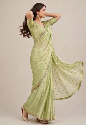 Designer fancy saree with floral embroidery and mirror lace 4