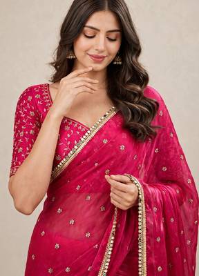 Fandy satin trendy embroidered saree with designer mirror lace border 1