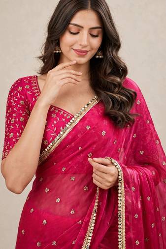 Fandy satin trendy embroidered saree with designer mirror lace border