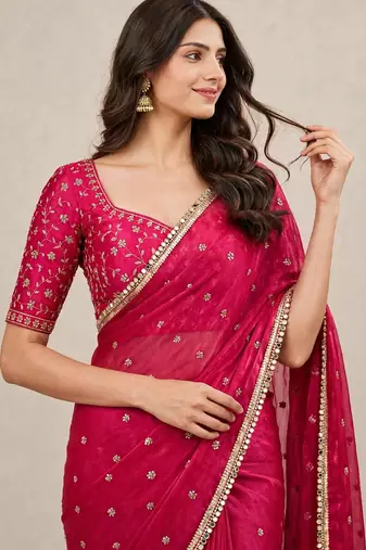 Fandy satin trendy embroidered saree with designer mirror lace border