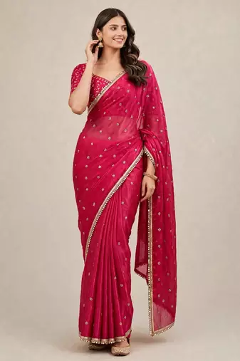 Fandy satin trendy embroidered saree with designer mirror lace border