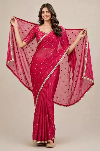 Fandy satin trendy embroidered saree with designer mirror lace border