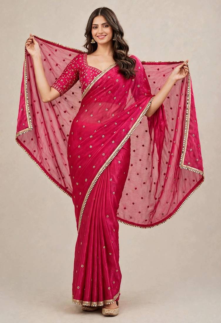 Fandy satin trendy embroidered saree with designer mirror lace border