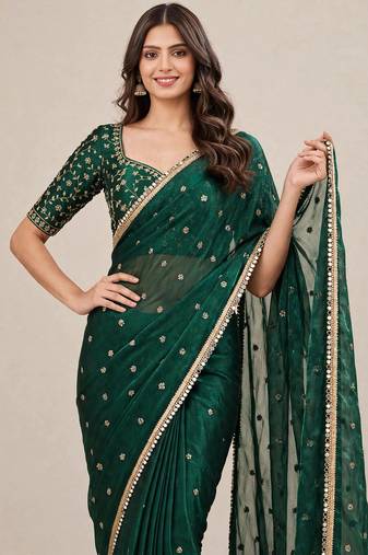 Fandy satin luxury embroidered designer saree with mirror work lace