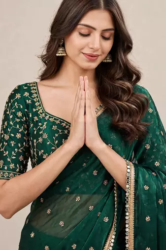 Fandy satin luxury embroidered designer saree with mirror work lace