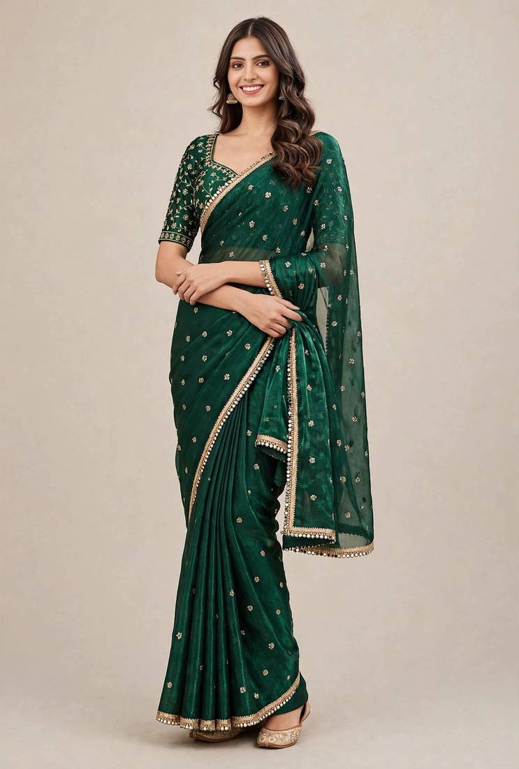 Fandy satin luxury embroidered designer saree with mirror work lace